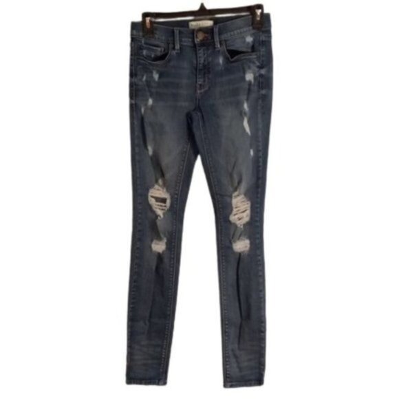 Mudd Size 7 Jeans Juniors Low Rise Skinny Distressed Flex Stretch Blue Denim - Picture 1 of 8